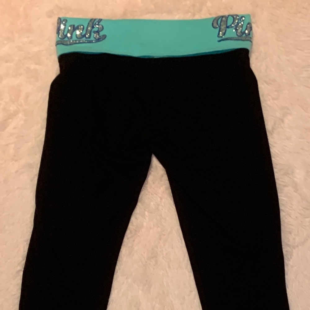 Victoria’s Secret Pink Bling Sequin Black Aqua Turquoise Yoga Leggings Tights - Picture 11 of 15